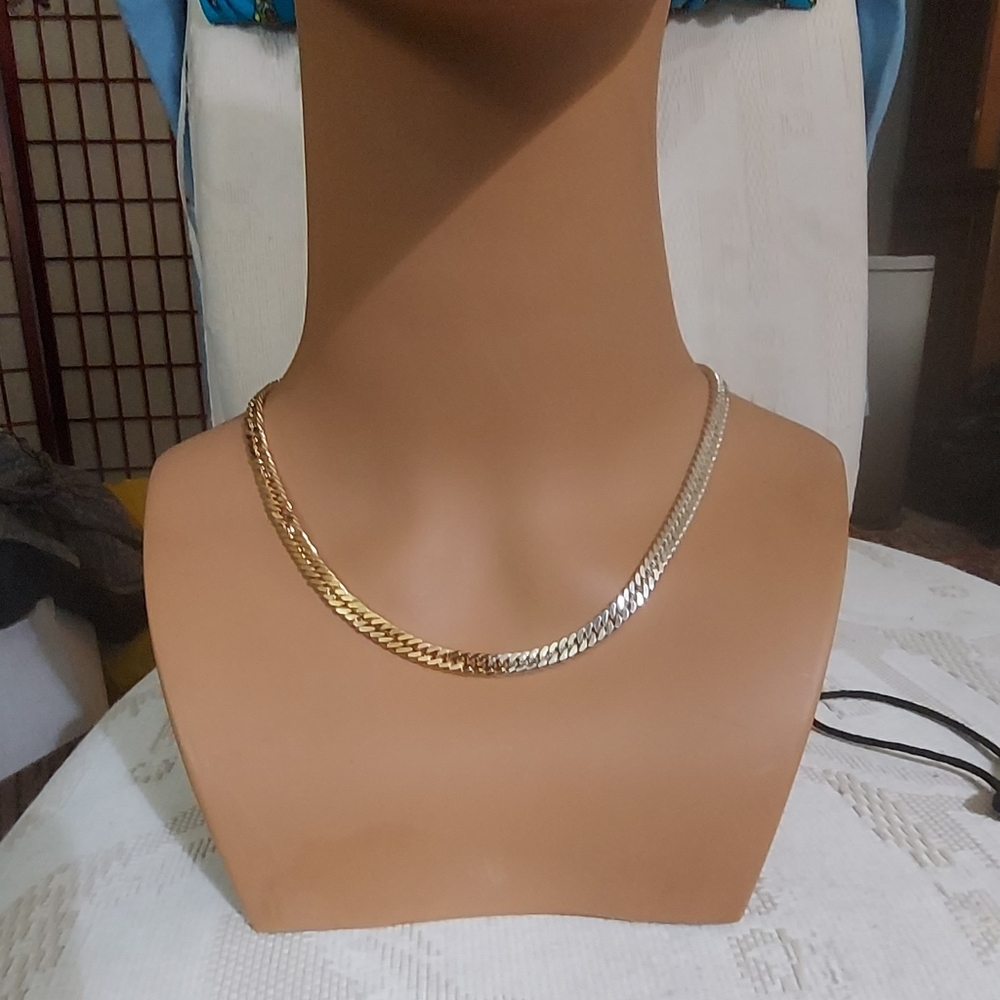 Dyadema Bronze Italy Two-Tone Gold Silver Herringbone Necklace 18" - Picture 12 of 12